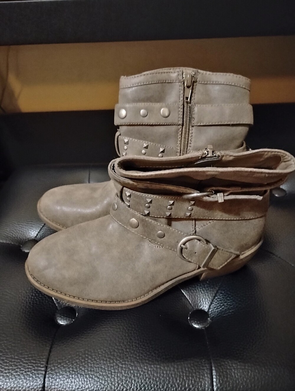 Olsenboye Taupe Faux Suede Ankle Booties with Studded Straps Zipper